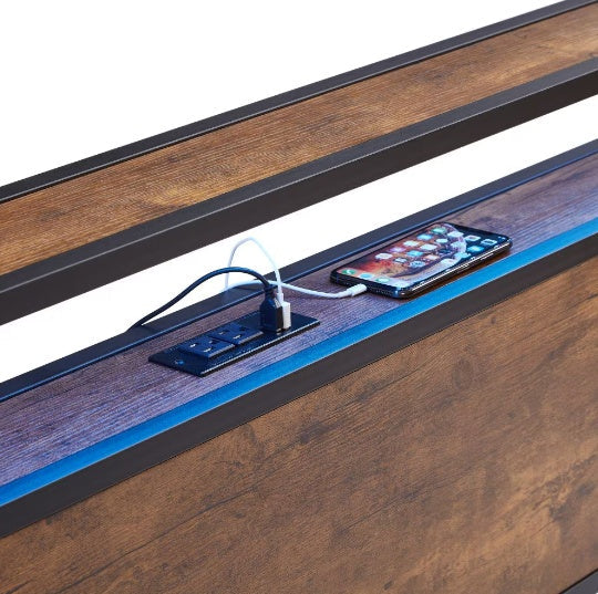 King Size Metal Platform Bed Frame With Wooden Headboard And Footboard