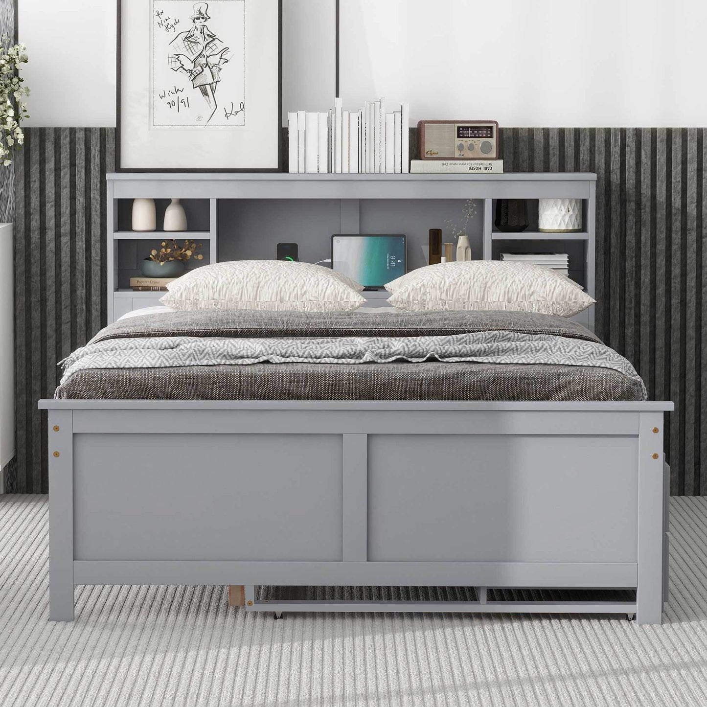 Full Size Platform Bed with Storage Headboard, USB, Twin Size Trundle