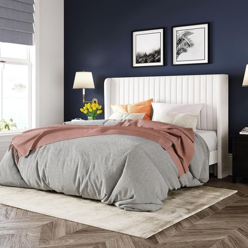 White Velvet Full Bed Frame Wingback, Easy Assembly.