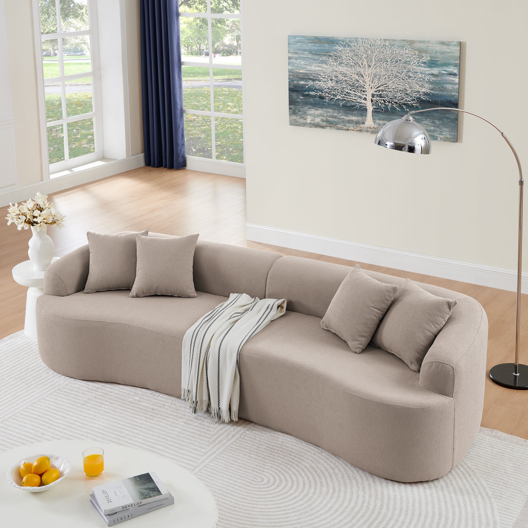 Curved Modular Sectional Sofa in Lamb's Wool Fabric, Modern Minimalist