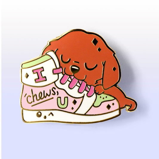 "I Chews U" Golden Retriever Shoe Enamel Pin-0