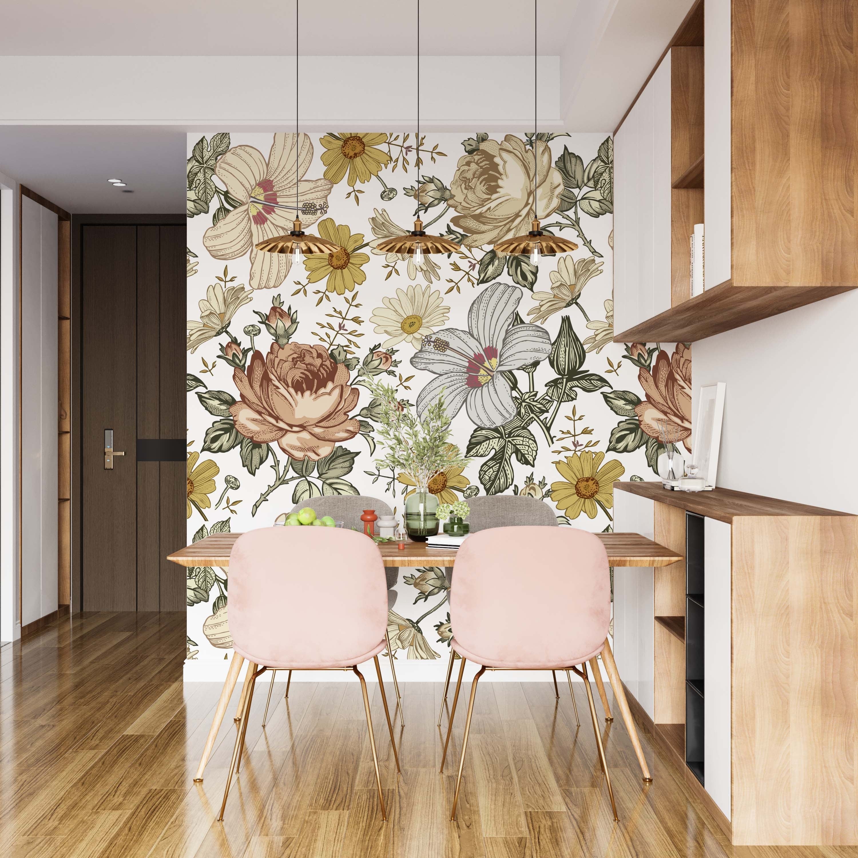 Rose and daisy pattern wallpaper