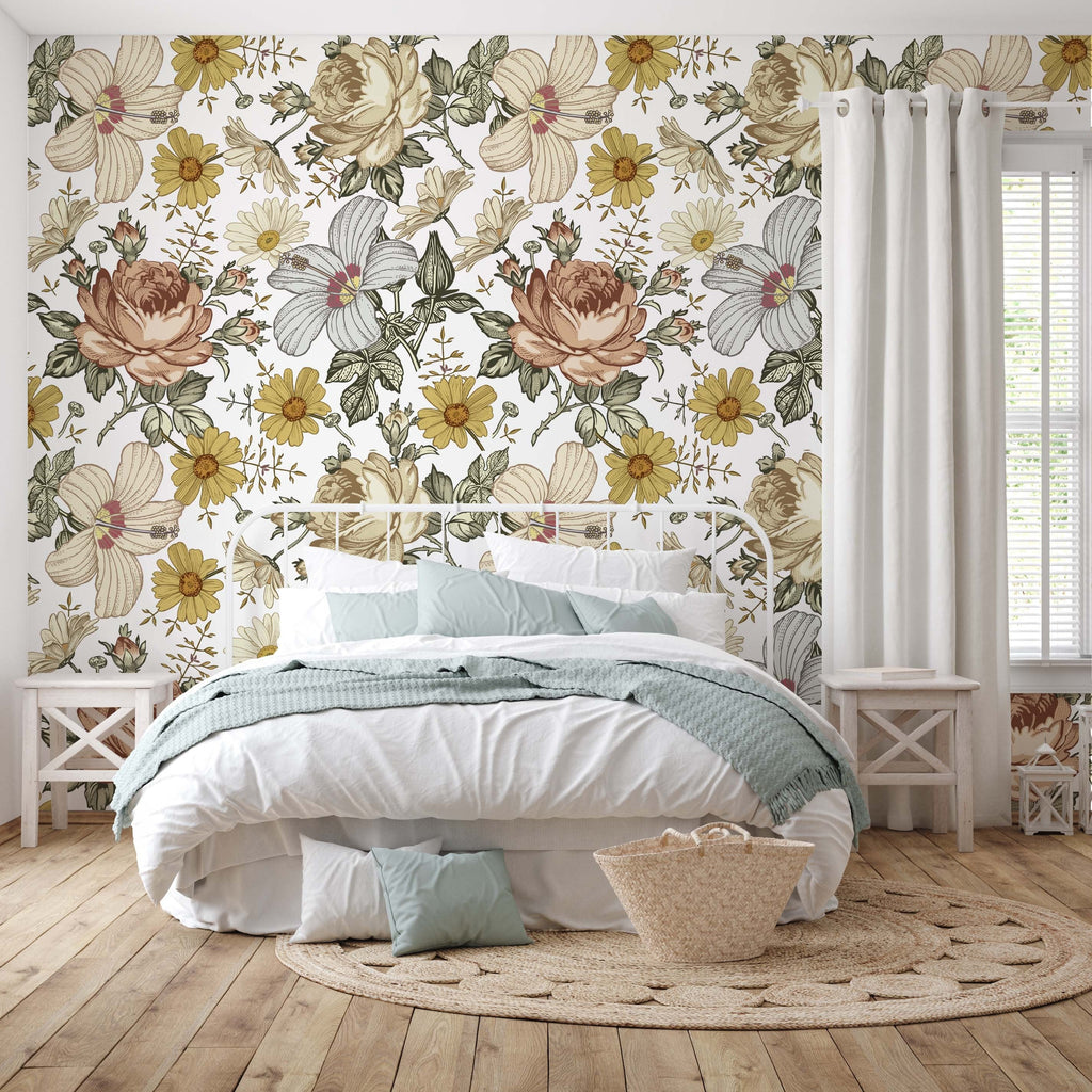 Rose and daisy pattern wallpaper