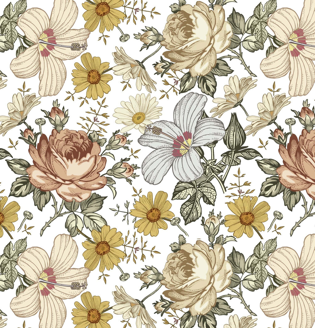 Rose and daisy pattern wallpaper