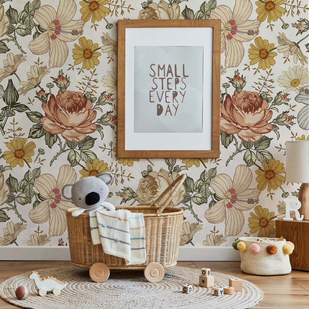 Rose and daisy pattern wallpaper