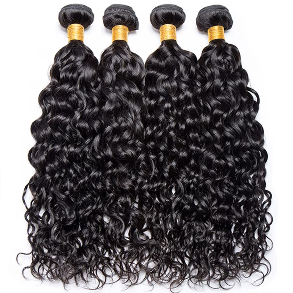 Premium #1B Natural Black Water Wave Bundles with 13×4 Frontal | 100%